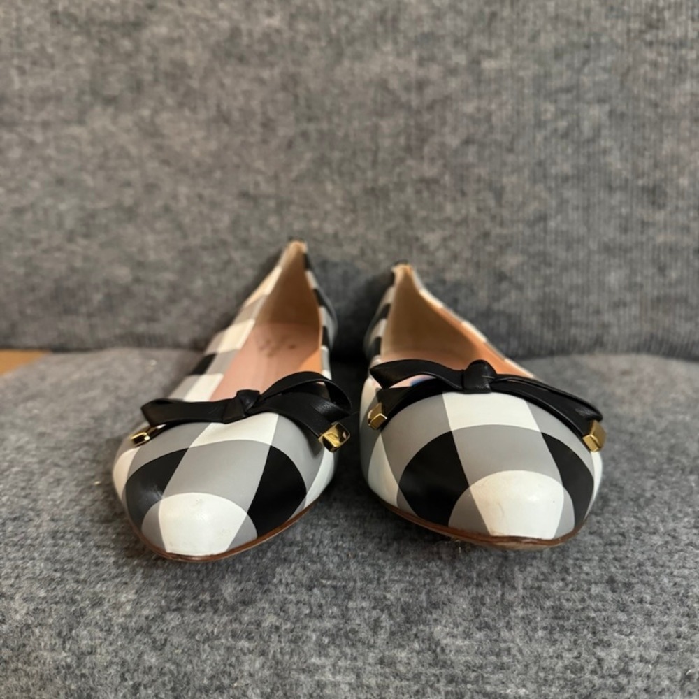 Kate Spade New York Plaid Pointed Toe Ballet Flats Black White Grey Bow 10.5M - Picture 3 of 10